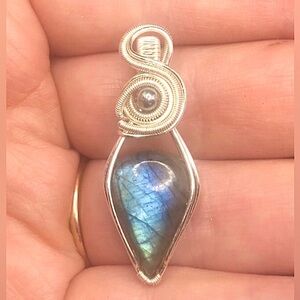Wire Wrapped Blue Labradorite Pendant Necklace Handmade OOAK